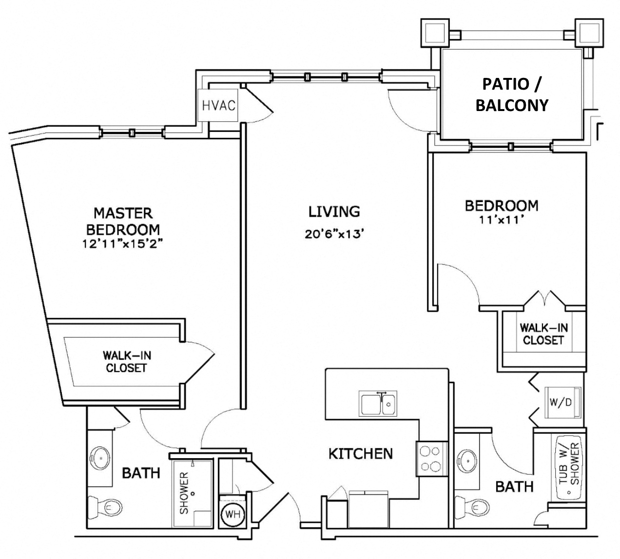 Floor plan for 2 beds, 2 baths, 1120 sqft